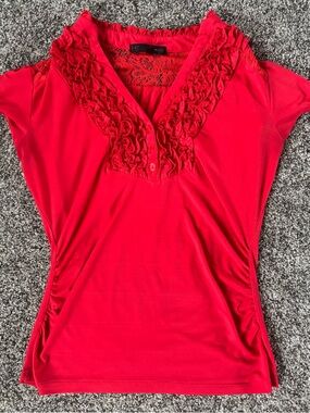 HeartSoul Red Ruffle V-Neck Lace-Back Blouse